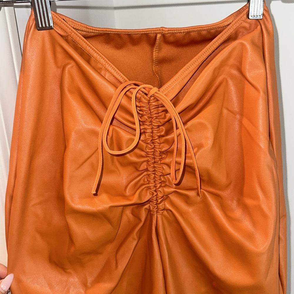 Orange Leather Flare Pants With a Scrunch Back